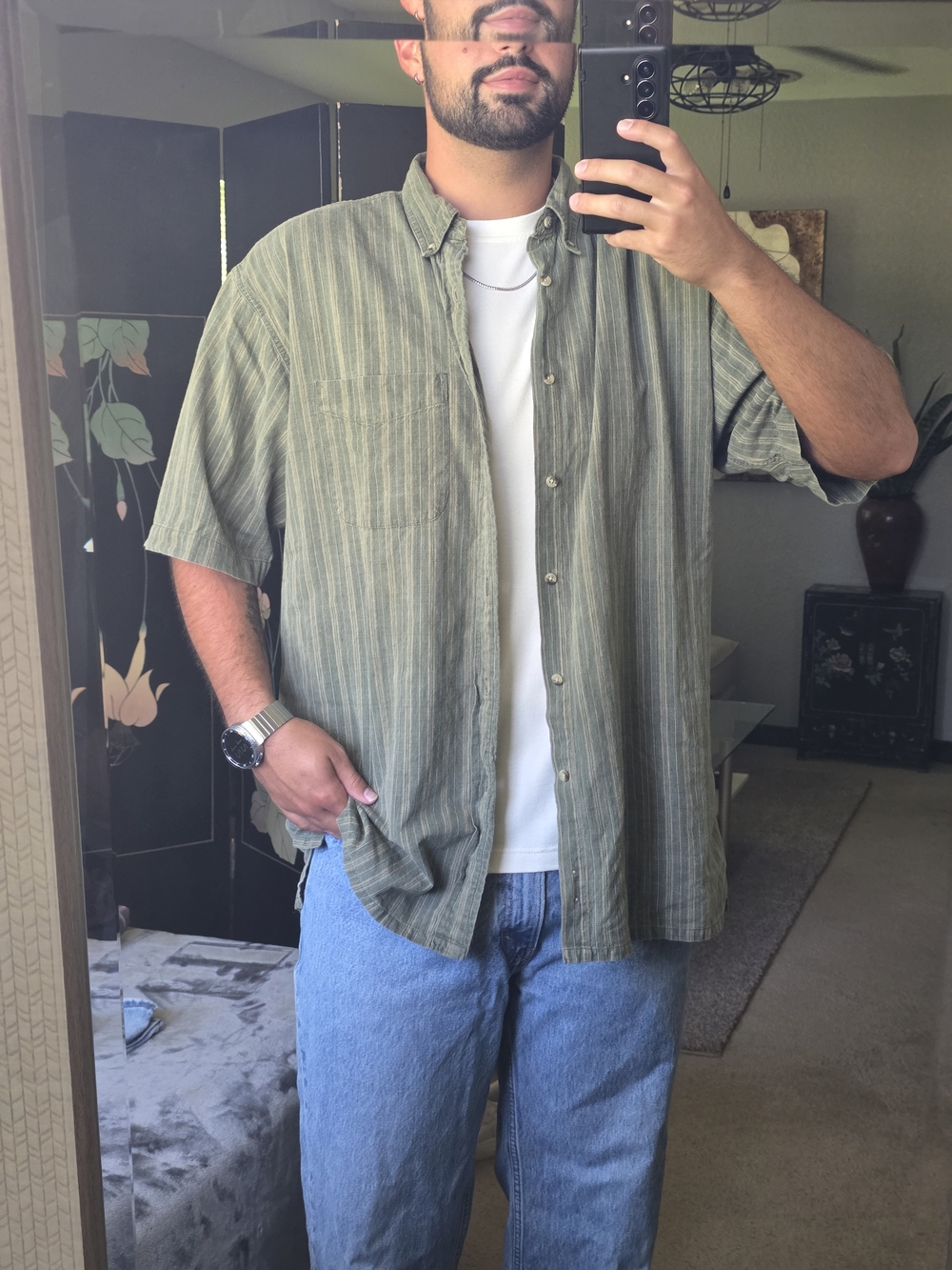 Junction West Relaxed Olive Green Striped Short-Sleeve Button-Down Shirt